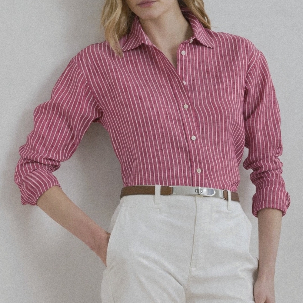 Lauren Ralph Lauren Stripe Relaxed Fit Linen Button-Up Shirt Size 1X